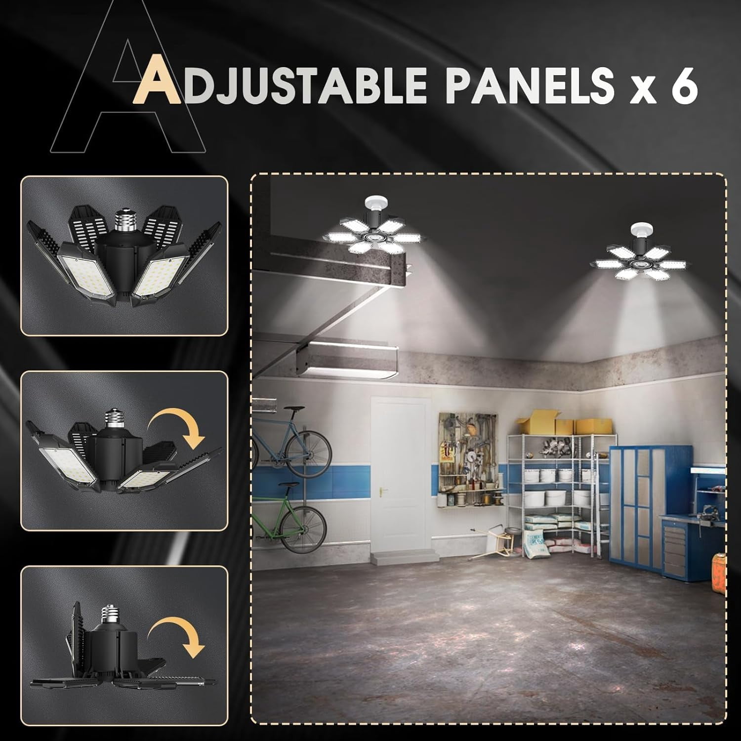 LED Garage Light 2 Pack Bright 20000Lm LED Workshop Ceiling Basement Lighting Fixture Srew in E26 E27 Bulb Socket with Adjustable Spotlight and 6 Deformable Panels for Warehouse Attic Cellar
