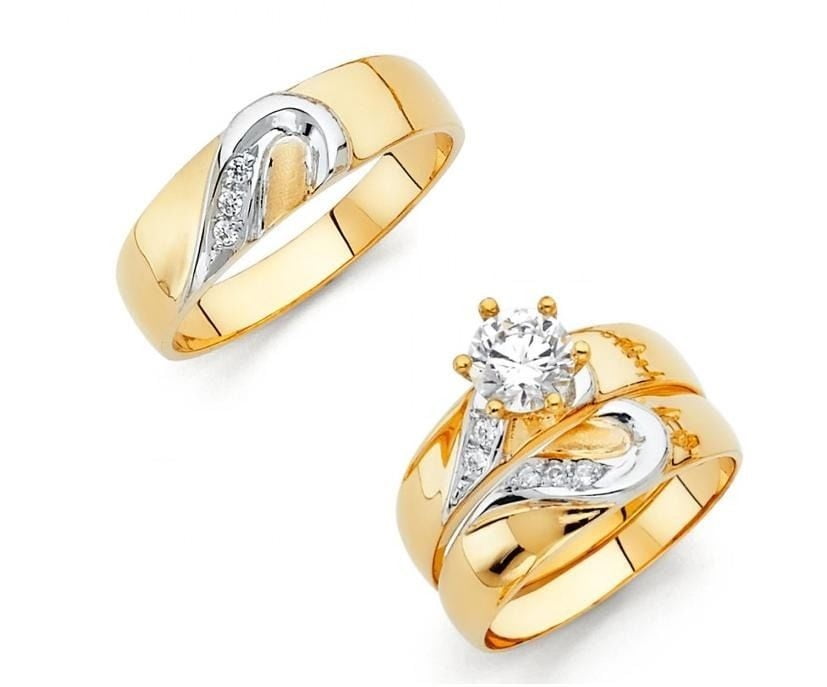 2Ct His/Her Diamond Trio Bridal Engagement Wedding Ring Set 14K Yellow Gold Over