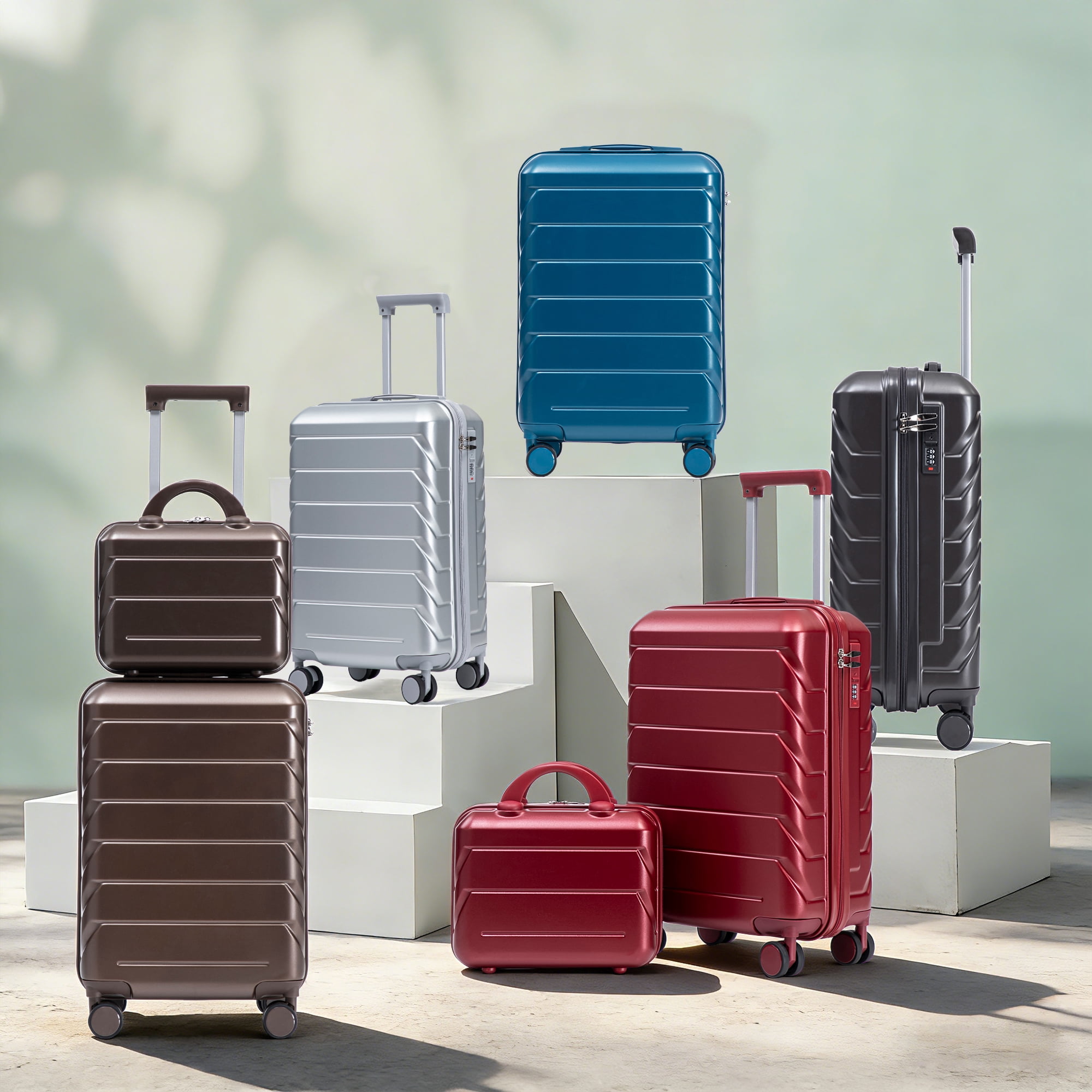 14"/20" 2 pcs/set in ABS Spinner Wheel Luggage, with Combination Lock, 14" Cosmetic Case (Dark Gray)