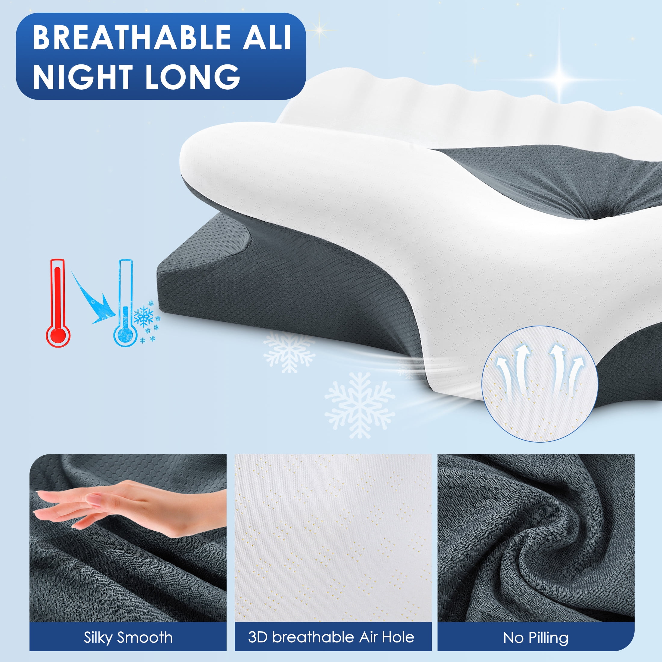 Ergonomic Cervical Memory Foam Pillow for Neck Pain Relief, Orthopedic Contour Pillow with Breathable Cover, for Side, Back, and Stomach Sleepers, Queen Size 23.6"x14.2"x4.7", Dark Grey