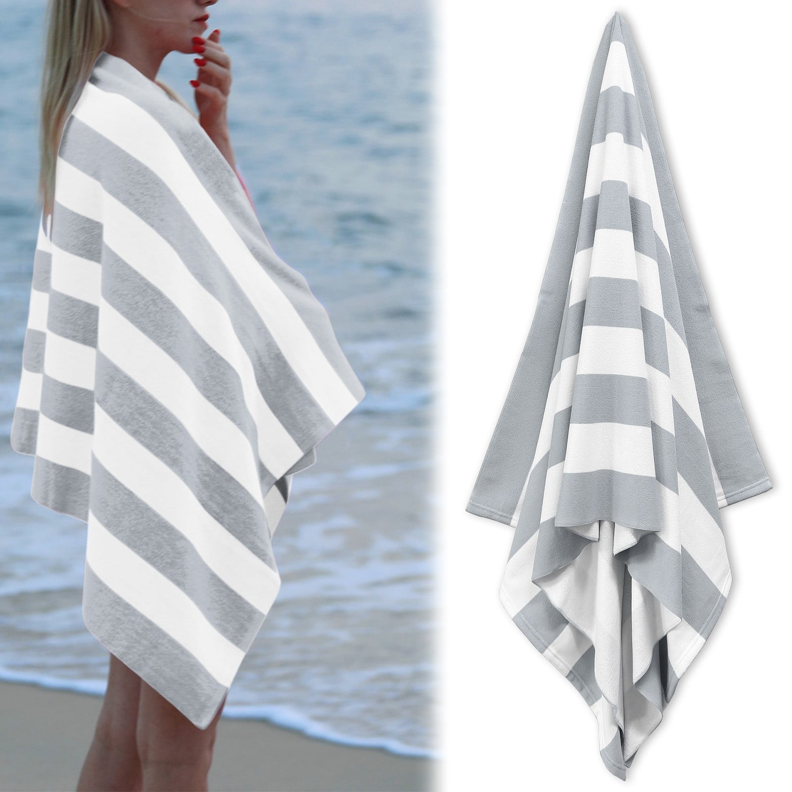 Large Oversized Beach Towel - Big Size Cotton 35 x 70 Inch Striped Pool Towel, Large Cabana Soft Swimming Towel for Adult Men Women, (Grey)