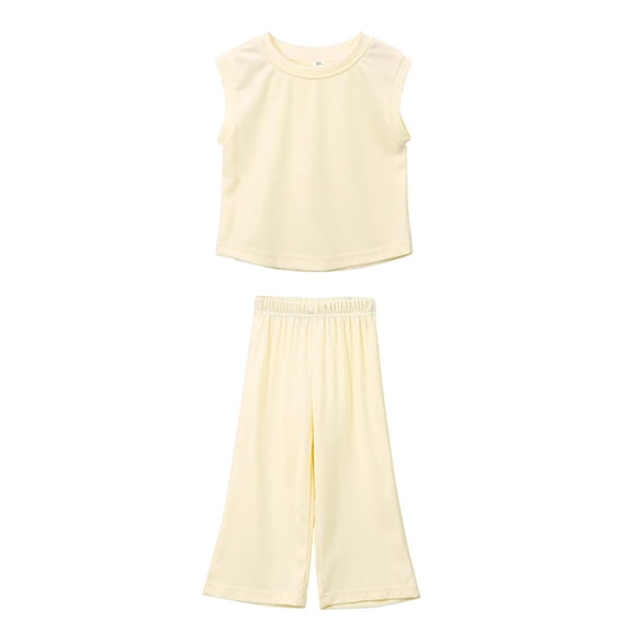 FAOWME Girls Clothes Summer Solid Color Knit Sleeveless Shirt Flare Pants Set Toddler Bell Bottoms Outfits White 12-24 Months