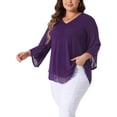 thumbnail image 4 of Agnes Orinda Plus Size Shirt for Women 3/4 Bell Sleeve V Neck Double Layers Chiffon Blouse Top 1X Purple, 4 of 6