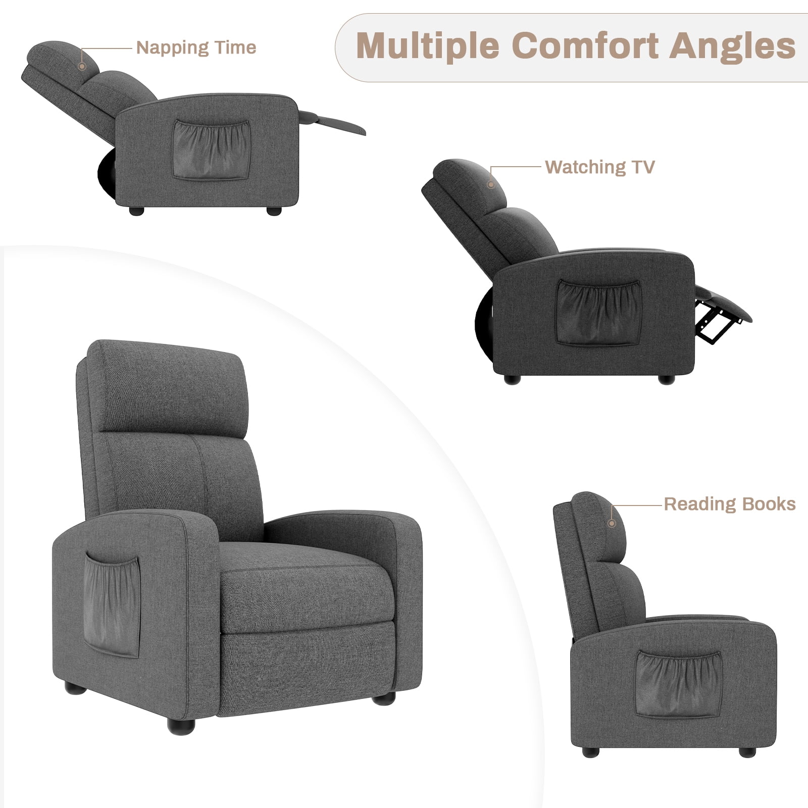 Arlopu Fabric Recliner Chair, Single Reclining Chair Home Theater Seating with Side Pocket, Adjustable Backrest and Footrest, Ergonomic Lounge Chair for Living Room