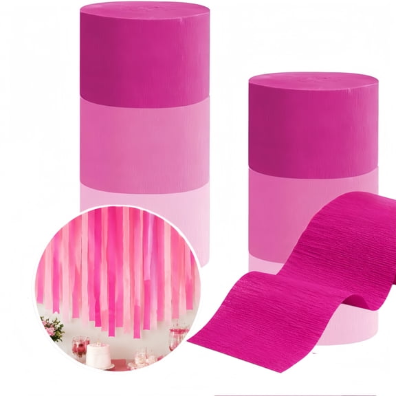 Artrylin 6 Rolls Pink Crepe Paper Streamers, 82 ft per Roll, Multipurpose Party Decorations with 3 Color Tassels for Birthday, Wedding & Festival
