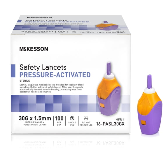 McKesson Safety Lancets, Pressure-Activated - 30 Gauge Needle, 1.5mm Depth, 100 Count, 1 Pack