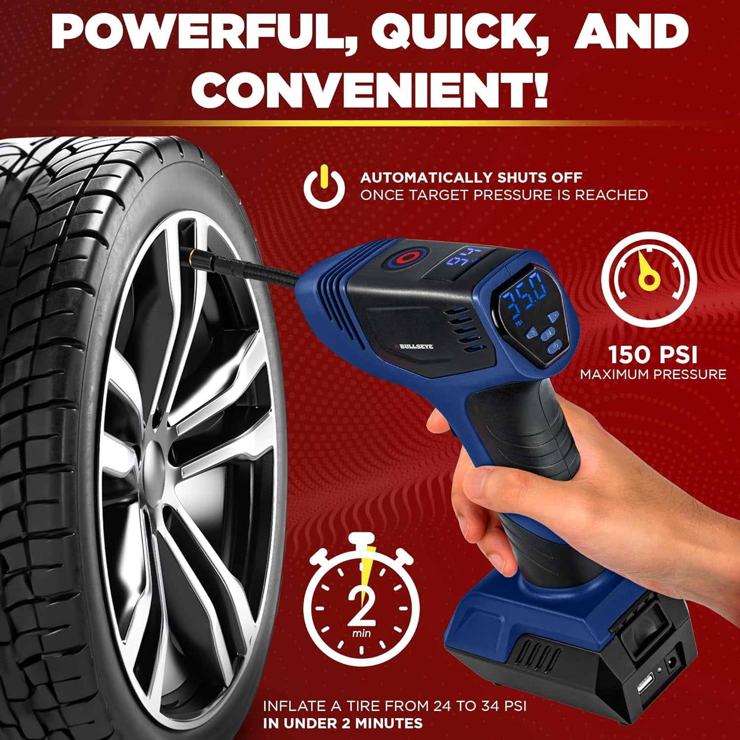 Bullseye 12V Portable Pressure Gauge Tire inflator Pump - Blue