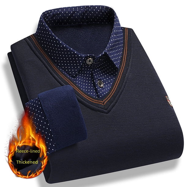 Suéter grueso y cálido con forro polar para hombre, camisa de punto con cuello de camisa de dos piezas falsas de otoño e invierno