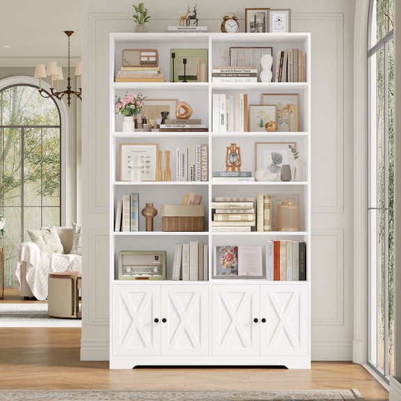 Hiphuta 78"H x 47"W Bookcase with Doors, Tall Bookshelves with Storage, 5-Tier Shelves Freestanding Display Bookcase for Home Office and Living Room, White
