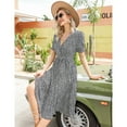 thumbnail image 4 of Women's Wrap V Neck Floral Pleated Dress Short Lantern Sleeve Belted Flowy A Line Midi Dress, 4 of 5