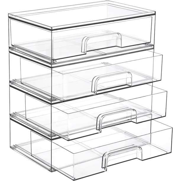 CAIKEZI - Cajones de almacenamiento apilables, paquete de 4 contenedores organizadores de plástico transparente para paletas de maquillaje, cosméticos y suministros