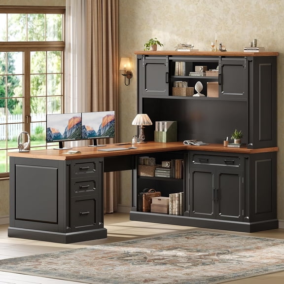 SEDETA Farmhouse L Shaped Desk with Hutch, 67" Executive Home Office Desks with 4 Drawers & Storage Cabinet, Corner Computer Desk with Sliding Doors, File Drawer & Power Outlet, Black Brown