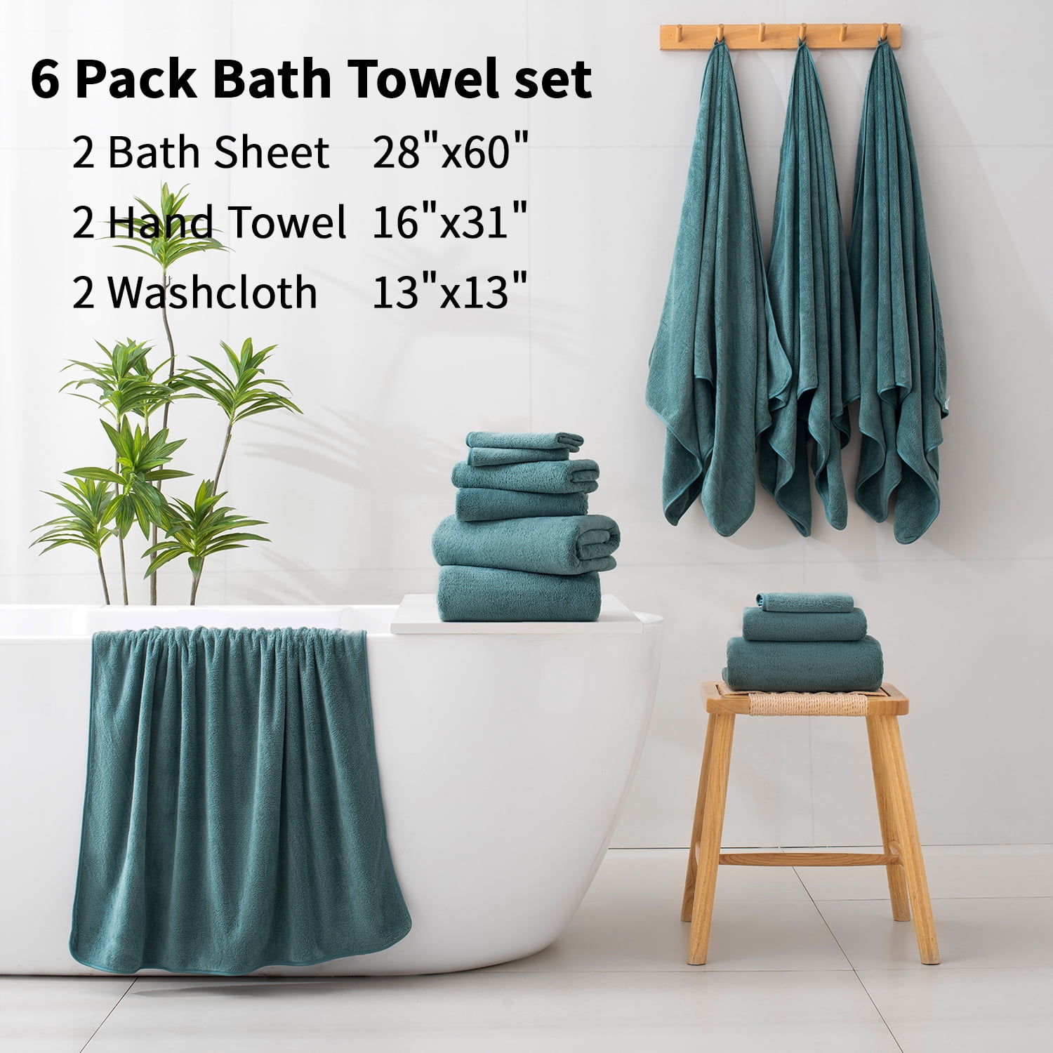 Beartech 6 Pack Bath Towel Set,Microfiber Towel Set,2 Bath Sheet,2 Hand Towel,2 Washcloth,Ultra Soft & Quickly Dry Bathroom Towel Set,Plush Highly Absorbent Shower Towel For Hotel Spa-Lichen