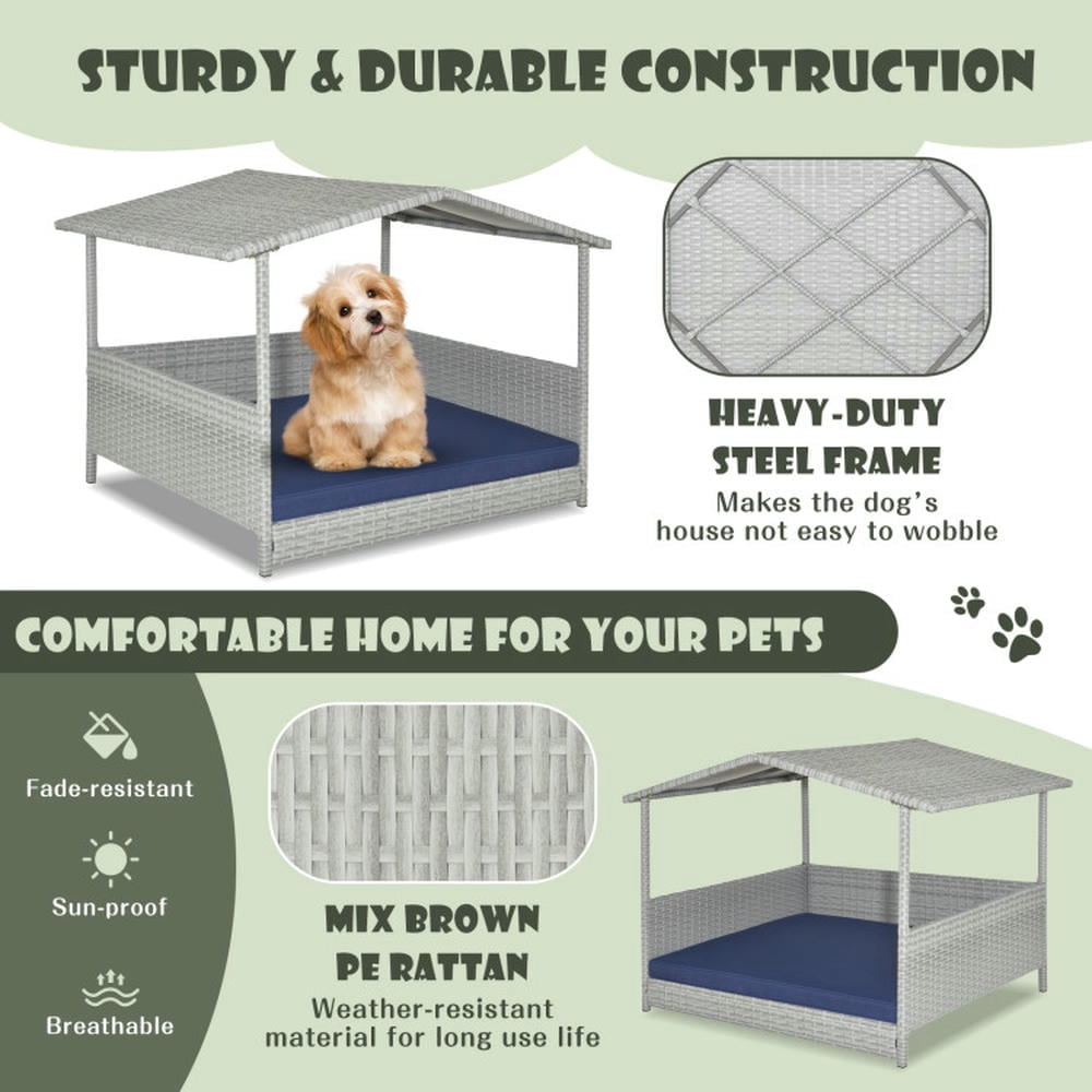 Spaco Wicker Dog House with Waterproof Roof and Washable Cushion Cover-Navy, Dog House, Indoor Outdoor Durable Ventilate Waterproof Pet Dog House