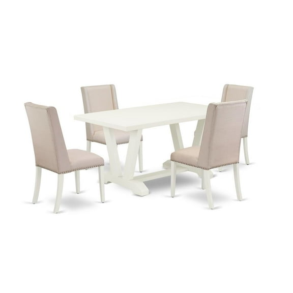 East West Furniture 5-Piece Modern Dining Table Set Included 4 Kitchen Dining chairs Upholstered Nails Head Seat and Stylish Chair Back and Rectangular Table with Linen White Table Top - Linen...