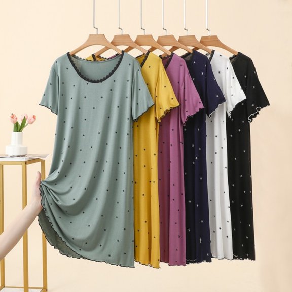 Women's Star Print Lace Trim Crew Neck Midi Nightgown, Soft Modal Short Sleeve Loose Casual Home Loungewear Sleep Dress Green XL(XL)