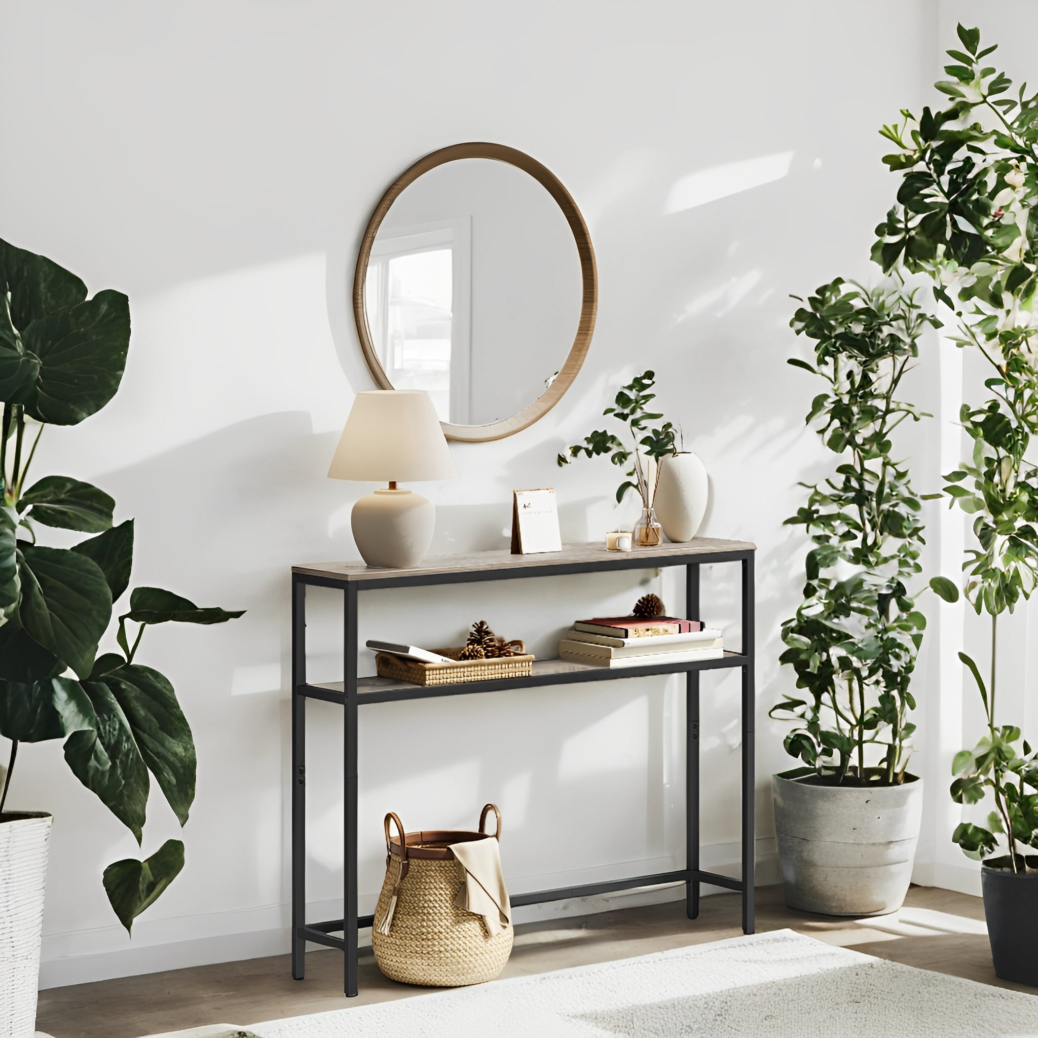 LEDREM 31.5" Modern Console Table, 2-Tier Narrow Sofa Table with Adjustable Feet, Entryway Shelf, Heather Greige and Black