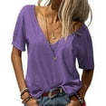 thumbnail image 3 of Purple T Shirts For Women's Fashion Deep V Neck Short Sleeve Top Solid Color Casual Loose Basic T Shirt Cotton, 3 of 5