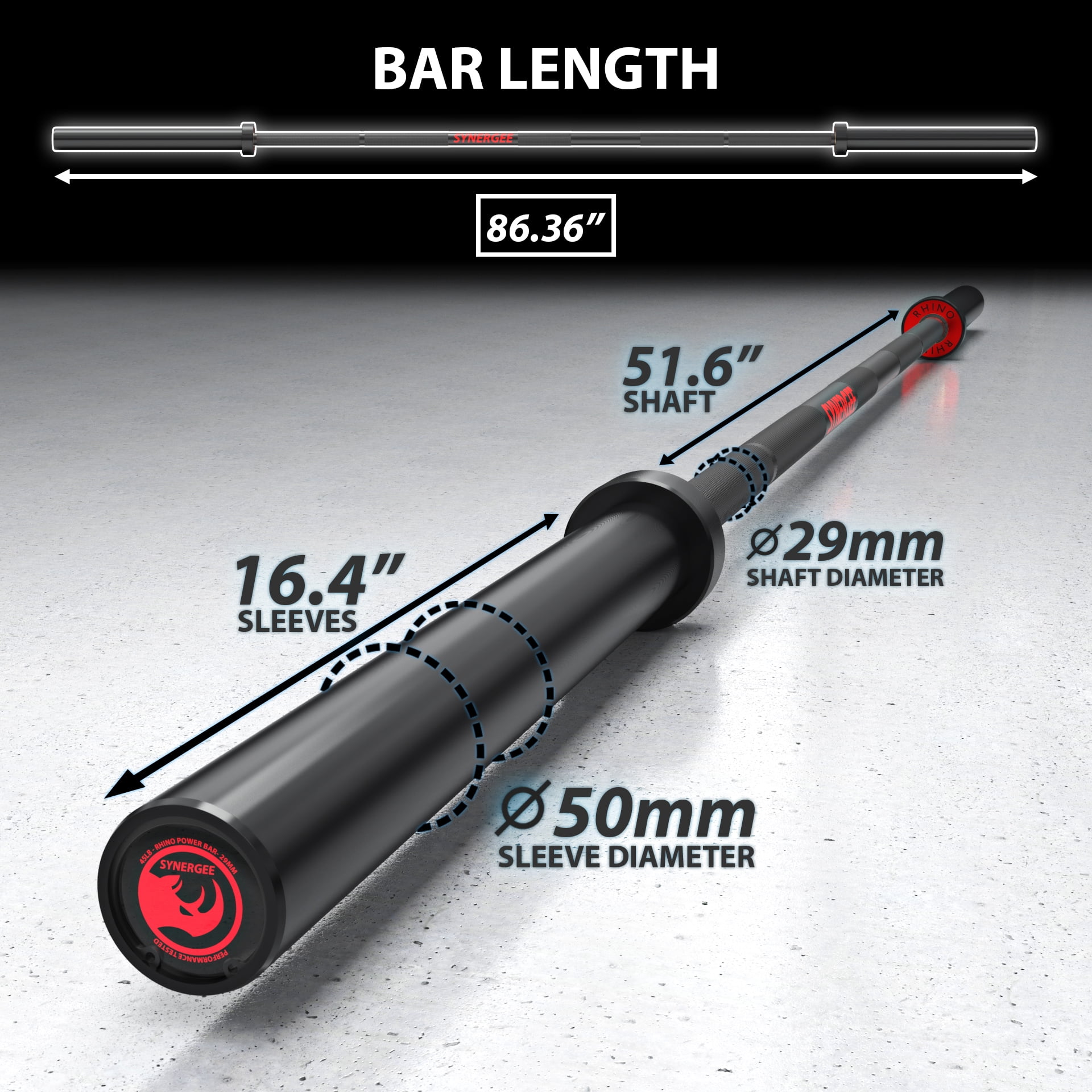 Synergee Rhino Powerlifting Barbell - Power Bar - Squat, Bench Press, & Deadlift Bar - 45 lbs, 29 mm, Power Lifter Bar