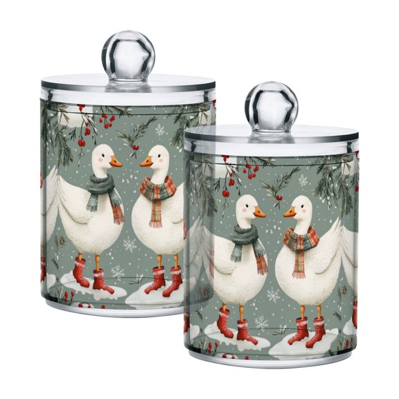 Yayeee 2 Pack Qtip Holder Bathroom Cotton Swab Canister with Lid Clear Dispenser Set, Winter Goose Scarves