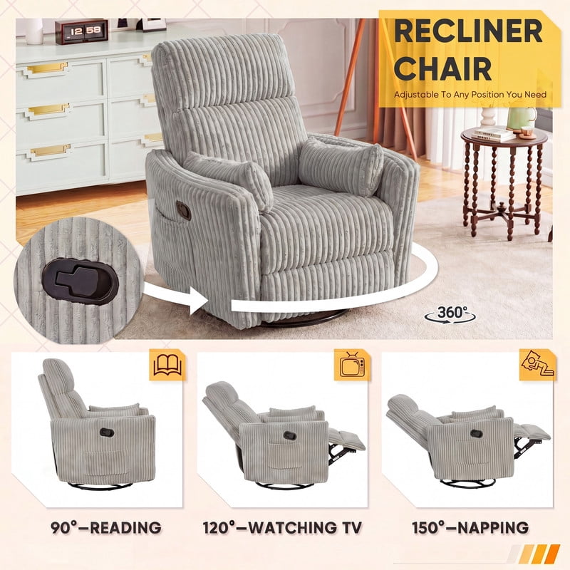 Furmax 360° Swivel Recliner Power Massage Rocker Chair Adult Glider Rocker with 2 Comfy Pillows for Nursery,Corduroy Gray