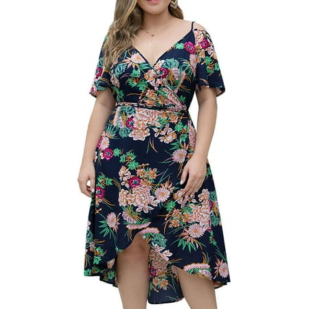 - ZXZY Women Short Sleeve Cold Shoulder Floral Printing Knee length Maxi Dress