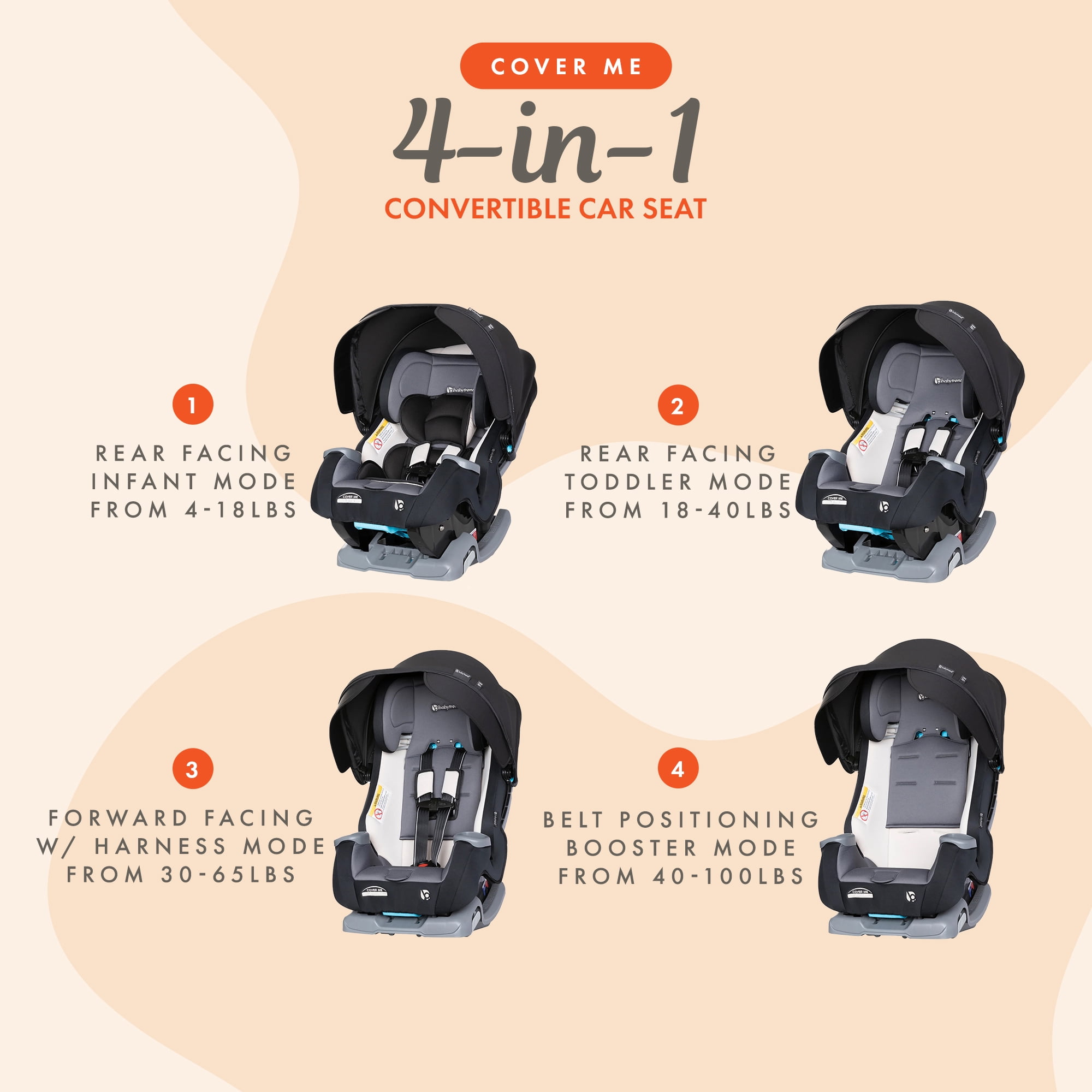 Baby Trend Cover Me 4-in-1 Convertible Car Seat, Adjustable Canopy,  Rear-Facing to Booster - Walmart.com