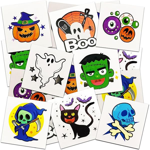 wonima02 Individual Halloween Temporary Tattoos for Kids - Pack of 160-2 Inch Non-Toxic Tattoos in 8 Spooky Designs - Trick or Treat Halloween Gifts, Party Favors Supplies, and Goodie Bag Fillers