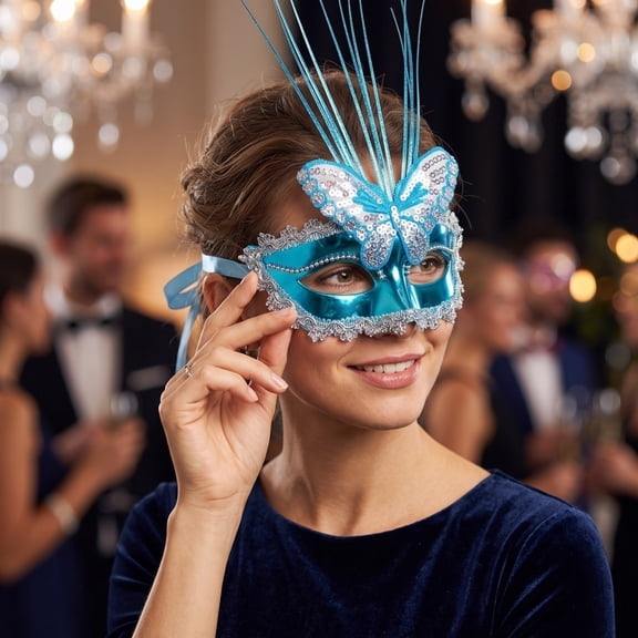 Blue Masquerade Mask 6 Inch Sequined Butterfly Led Mask, Venetian Masquerade Masks for Masquerade Party Mardi Gras Accessory Halloween Dress Up, 1 Pack