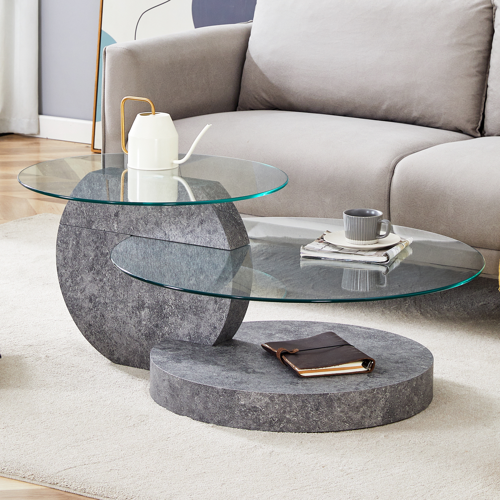 Vanress 42" Glass Coffee Table, Round Coffee Table, Modern Double Layer Round Glass Coffee Table for Living Room, Gray