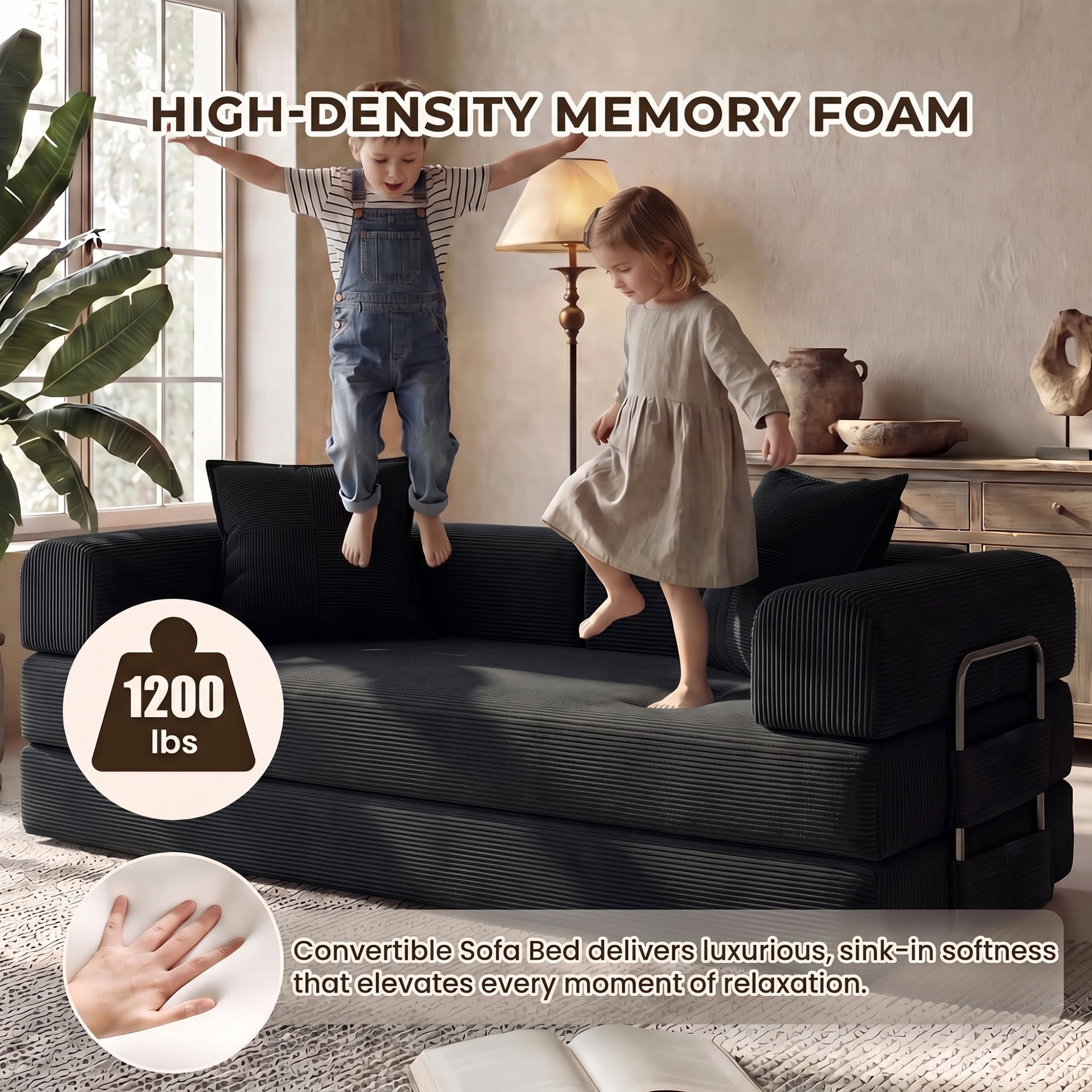 Aukfa 79" Convertible Futon Sofa Bed with Fixed Frame, 5-in-1 Boneless Couch for Living Room, Corduroy, Black
