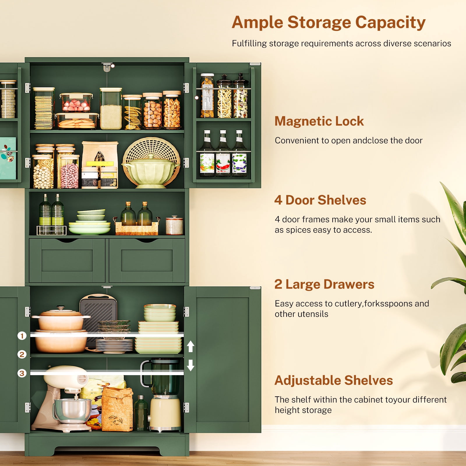 Kitchen Pantry Cabinet with Adjustable Shelf, Tall Storage Cabinet with 2 Drawers & 4 Door, Food Pantry Cabinets, for Kitchen, Dining Room, Living Room, Green
