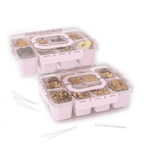 LLMRR Snackle Box Container, 8 Compartments, Divided, Portable, Clear, with Lid and Handle, Pink, 2 Pack