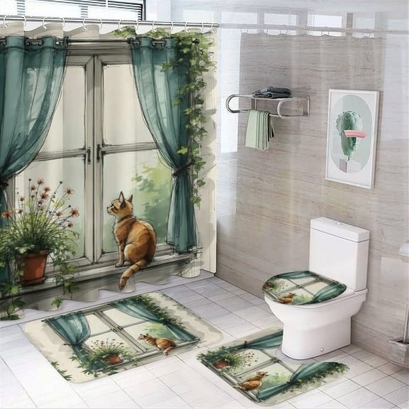 Cute Cat Shower Curtain 4-Piece Decorative Bathroom Set, 72" x 72" Shower Curtain with Toilet Cover Mat, U-Shaped Mat, and Non-Slip Floor Mat with Hooks