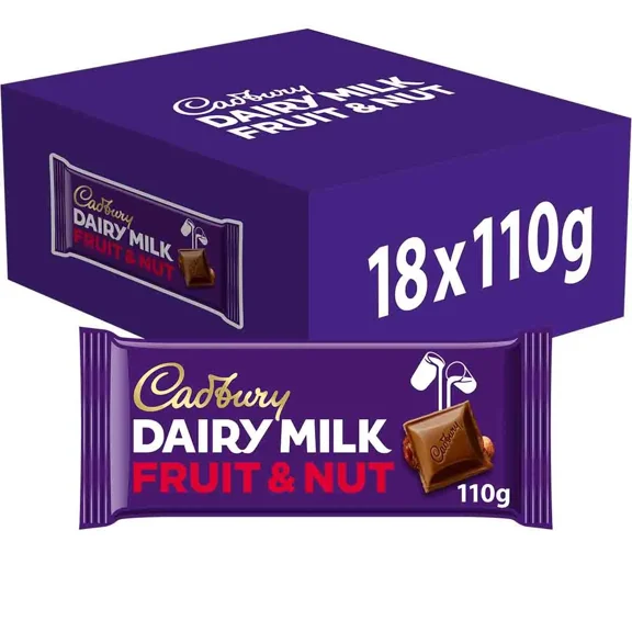 Cadbury Dairy Milk Fruit & Nut Chocolate Bars 18 x 110g – Smooth Milk Chocolate with Almonds & Raisins
