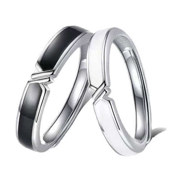 Minimalist Black and White Matching Couple Rings for Him and Her Set Sterling Si