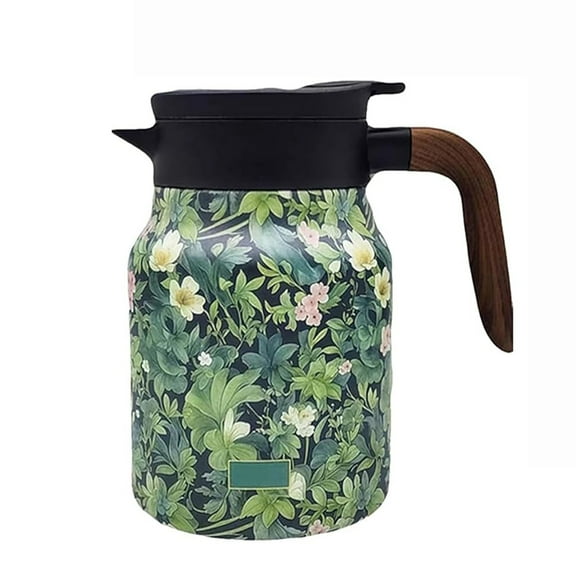 yujian Kitchen Supplies Floral Insulated Stainless Steel Coffee Carafe with Wooden Handle, 1.5L Thermal Pitcher for Hot & Cold Beverages
