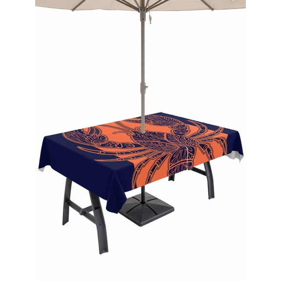 52x70 Inch Outdoor Tablecloth with Umbrella Hole Zipper Rectangle Lobster Navy Blue Rectangular Tablecloths Outside Waterproof Boho Tropical Orange Stripe Summer Patio Table Cover for Picnic Party