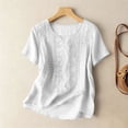 thumbnail image 4 of Camisa de Lino de Manga Corta para Mujer, Playera Casual Ligera de Algodón y Lino con Bordado Floral, Tops Transpirables de Verano para Uso Diario Oficina y Vacaciones, Blanco S, 4 of 9