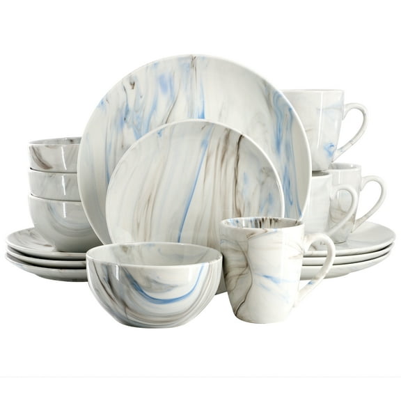Elama Fine Marble 16 Piece Porcelain Dinnerware Set in Blue and Gray, Service for 4