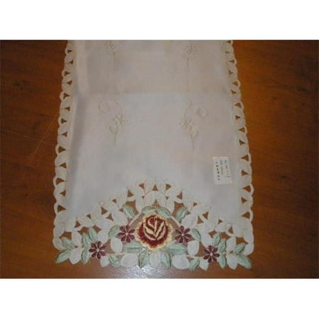 

MH10109-1436 14 x 36 in. Embroidered Burgundy Rose And Lacy Cutwork Table Runner Ivory