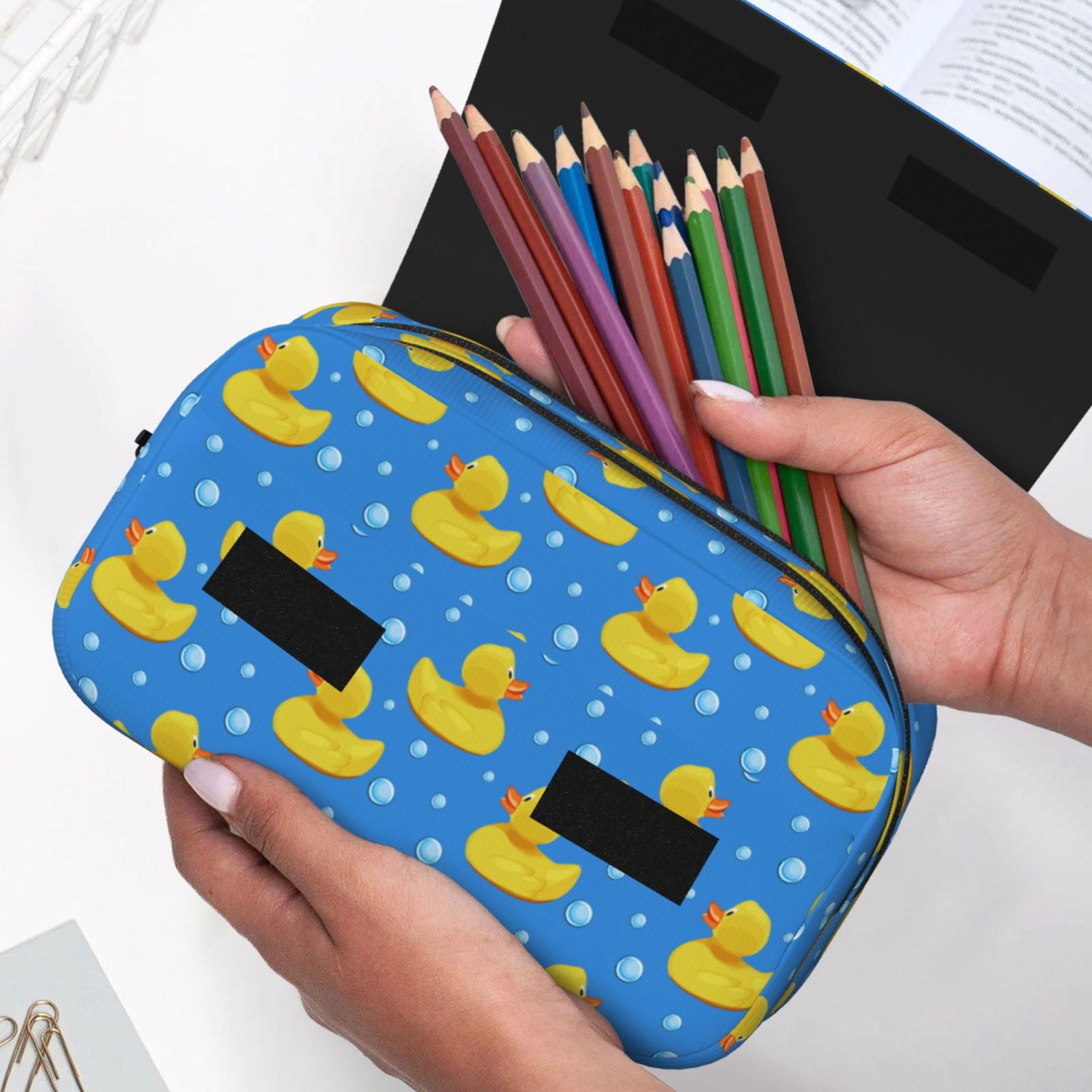 Rateoe Cute Yellow Rubber Ducks Pattern Double Clamshell Pen Case, Storage Organizer with Two Zipper Compartments– Holds Up to 50 Pencils & Pens