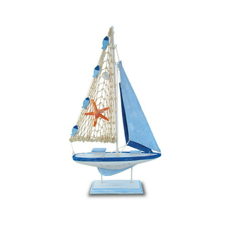 Puzzled Light Blue Stripes w/ Starfish Sailboat Replica Nautical Quality Wooden Art Decorative Aquatic Ocean Theme Marine Decor Rustic Finish Wood Small Ship Collection Mini Yacht Table