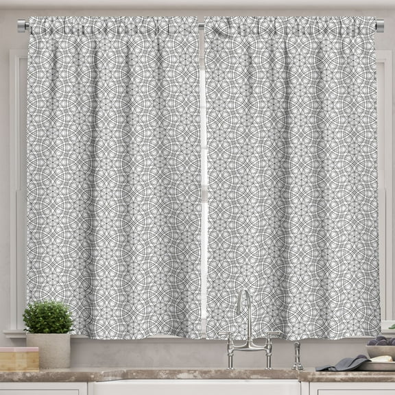 Ambesonne Abstract Kitchen Curtains, Trellis Circle Petals Grid, 55"x24", Charcoal Grey and White
