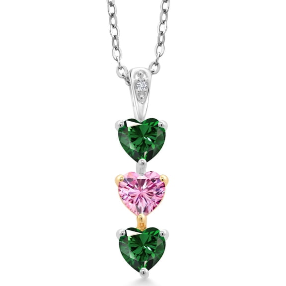 Gem Stone King 925 Silver and 10K Yellow Gold Lab Grown Diamond Pendant with Chain Nano Emerald and Pink Moissanite (1.51 Cttw)