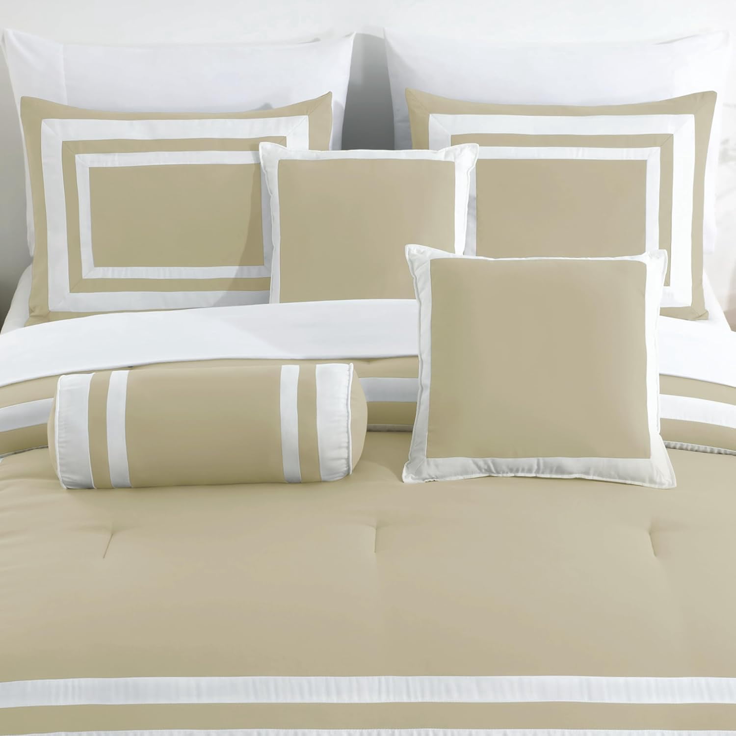 Chezmoi Collection Caprice 7-Piece Hotel Style Comforter Set Queen Size, Tan/White Square Pattern Color Block Bedding with Decorative Pillows, Luxurious Lightweight All Season Bed Set