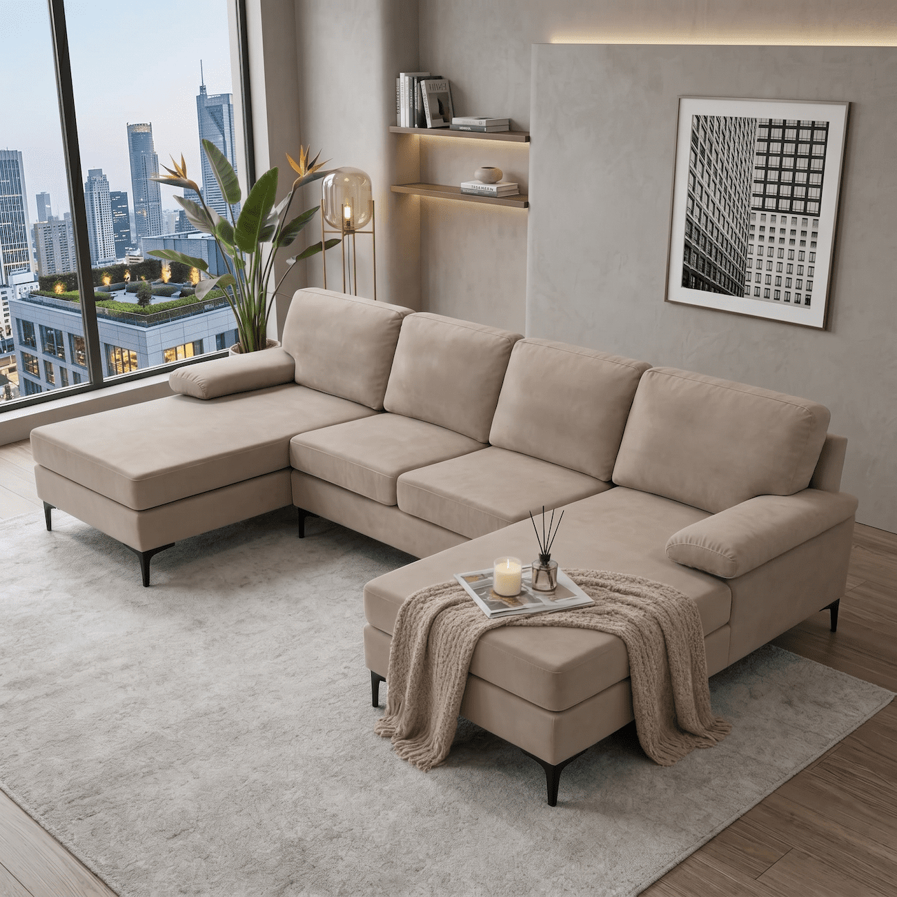 106" Cloud Sectional Sofa, U Shaped Sectional Couch with Double Chaise Lounge, Large 4 Seat Modular Sofa, Deep Seat Upholstered Fabric Couch with Pillow Top Arms, Modern Living Room Furniture, Khaki