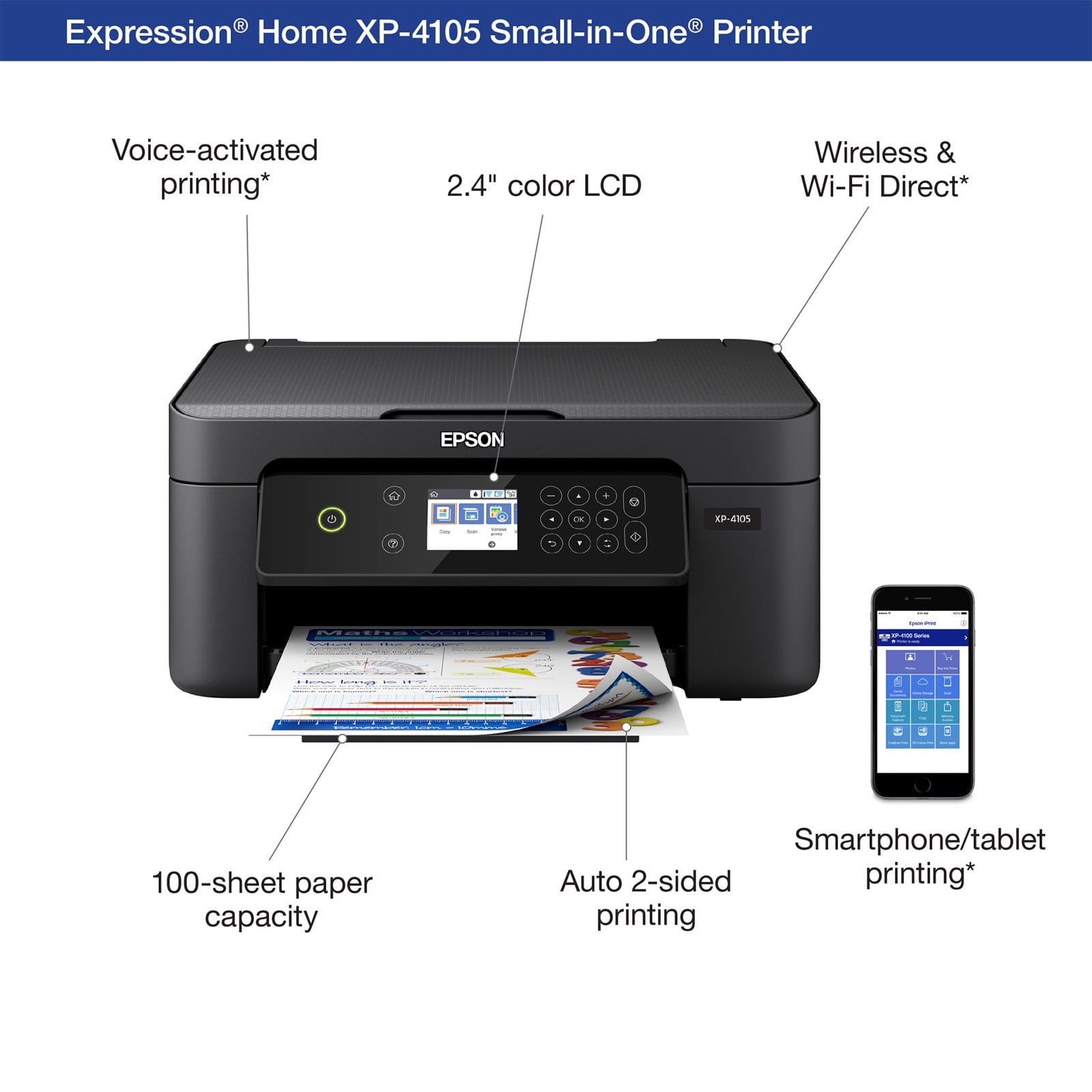 Epson Home XP-4105 Wireless All-in-One Color Inkjet Printer, Scanner, Copier Walmart.com