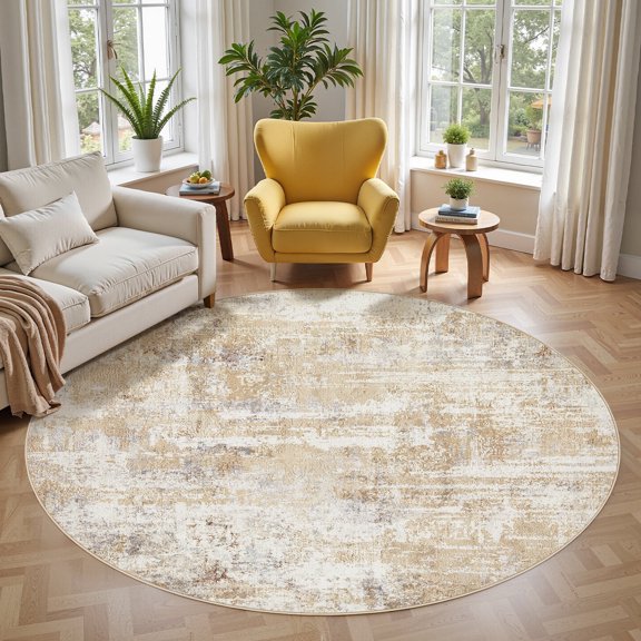 UERMEI 5'x5' Round Area Rugs for Living Room, Washable Non Slip Indoor Rug for Bedroom Home Decor Carpets, Modern Abstract Printed Carpet, Gray Gold