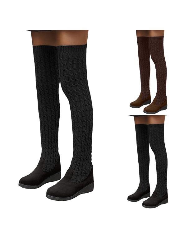 Women's Cables Knit Over Knee Boots Stockings Wedge Low Heel Pull on Sock Boot Fall Winter Dressy Sock Boot